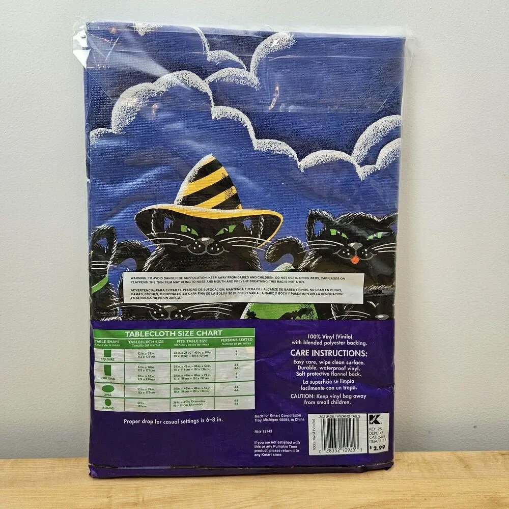 Vintage Pumpkin Time Vinyl Tablecover Halloween Black CATS Spooky WITCHES ROUND